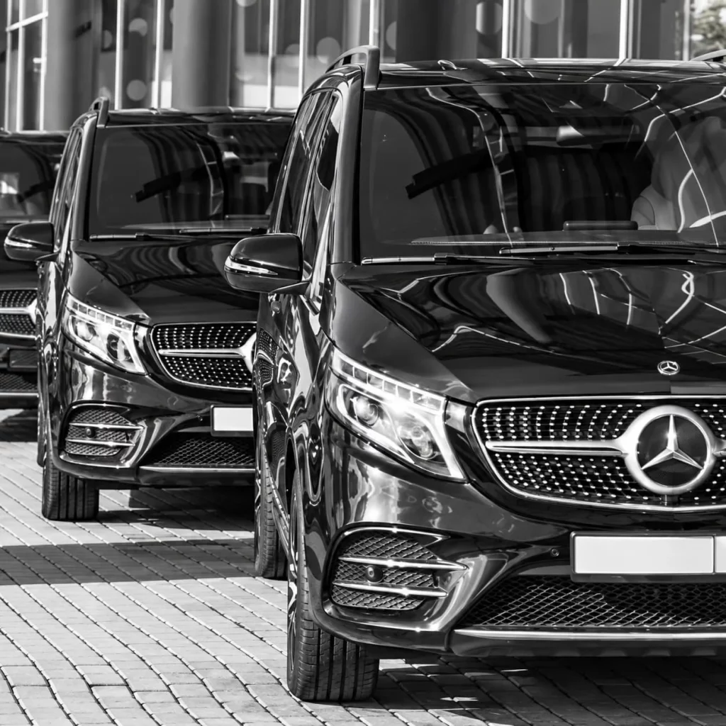Alignement de vans Mercedes noirs sur une allée, en noir et blanc.
