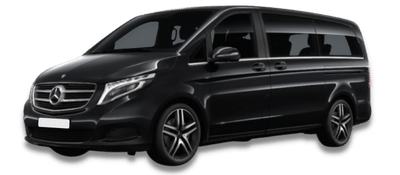 Van Mercedes noir vu de trois quarts avant.
